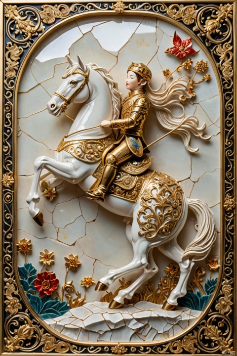 award-winning, fine translucent tile, Mechanical Puppet riding on a pale horse, textured gold filigree inlays, (best quality, masterpiece, Representative work, official art, Professional, Ultra intricate detailed, 8k:1.3)