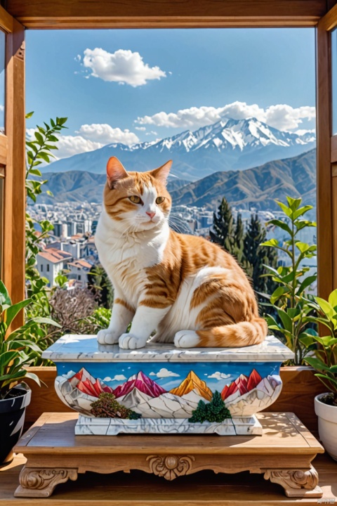 wide view, Mechanical body cat, sleeping on marble planter wooden pot, colorful scenic mountains clear sky through window panes background, (best quality, masterpiece, Representative work, official art, Professional, Ultra intricate detailed, 8k:1.3)