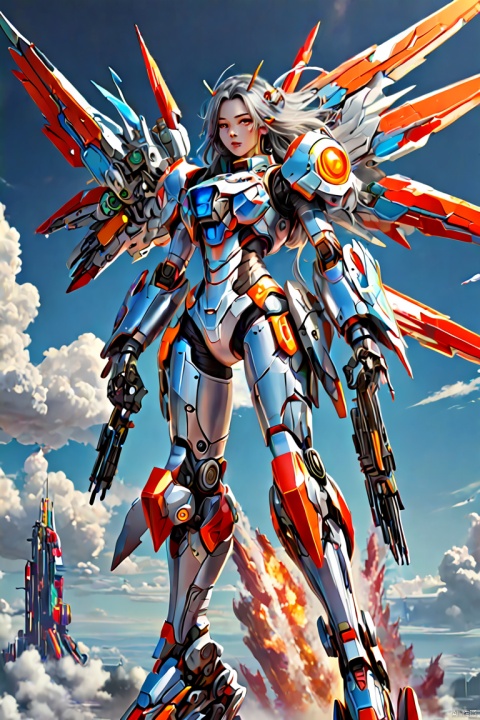a girl painted on body of rocket, sky, mecha girl, (silver long hair), mechanical wings, full-body pose, panoramic, Ultra high saturation, bright and vivid colors, intricate, (best quality, masterpiece, Representative work, official art, Professional, 8k)