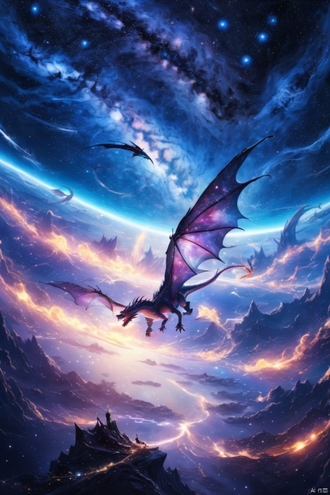 Starry Universe, Dragon flying on the Sky, panoramic view, Ultra high saturation, (best quality, masterpiece, Representative work, official art, Professional, 8k)