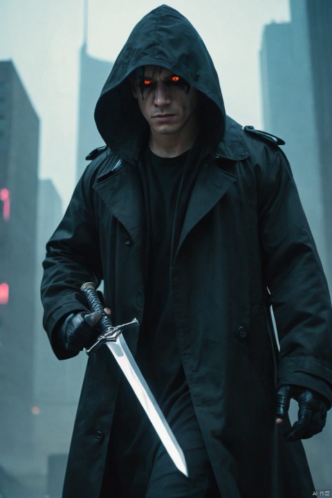 Wide-angle lens, cool, as.H.I.and.L.d. agent, black eyes, There is a sword on his back, Wears a black hooded trench coat,sharp focus, (subsurface scattering), Winning photo, Full body image, Serious, Scary expression, dramatic lighting,his lips tightly closed,andyes are nervous. The situation is dangerous and serious. colored. hazy atmosphere. cyberpunk, (best quality, masterpiece, Representative work, official art, Professional, Ultra intricate detailed, 8k:1.3)