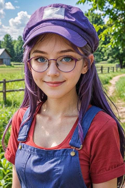 anime style, a girl with glasses, blue eyes, long purple hair, smiling, short sleeves, wing hat, red shirt, blue overalls. outdoor rural setting, looking directly at the viewer with a solo focus on her. Her skin tone should be shiny and highlighted. The image details should be enhanced, with a special focus on the character Arale, (best quality, perfect masterpiece, Representative work, official art, Professional, high details, Ultra intricate detailed:1.3)