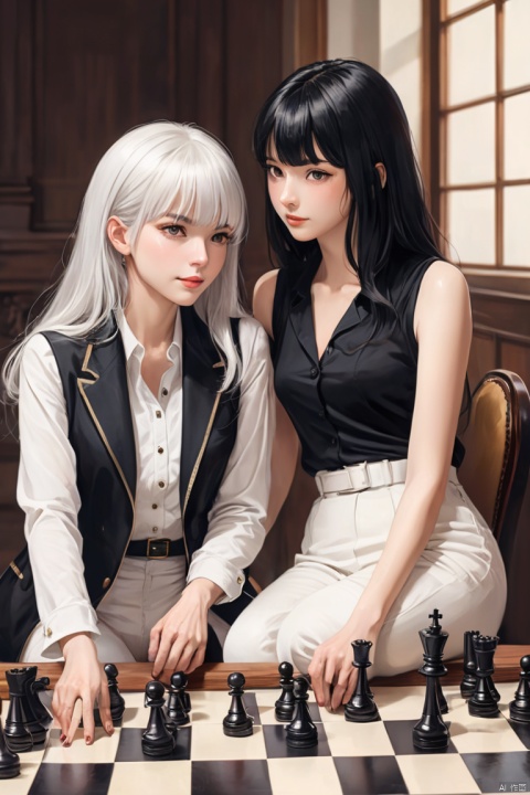 2ladies, from side, sitting across chessboard, (facing each other), stylish outfit, mature female, cool expression, light smile, looking at viewers BREAK 1lady, (white hair) bangs, (black chic clothes) BREAK 1lady, (black hair) bangs, (white chic clothes) BREAK (luxurious room) indoors, (chessboard) (black and white), chessboard on table, noon, detailed background, (masterpiece, best quality, perfect composition, very aesthetic, absurdres, ultra-detailed, intricate details, Professional, official art, Representative work:1.3)