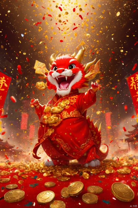 Chinese New Year, oriental dragon, cute dragon cub, big furry head, red clothes. happy, Gold coin rain, Many gold coins burst out, Red and gold confetti, firecrackers, strong festive atmosphere, panoramic view, Ultra high saturation, (best quality, masterpiece, Representative work, official art, Professional, 8k)