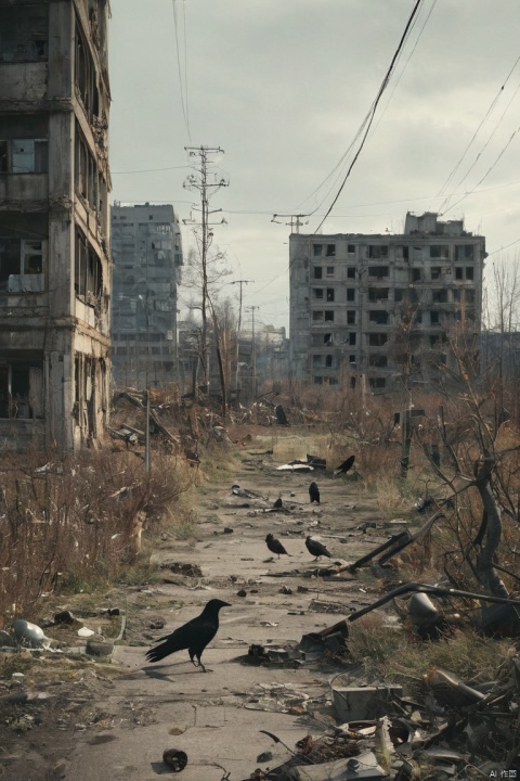 Crows fly, nuclear wasteland. The once prosperous city is now in ruins, Ruined buildings and abandoned vehicles litter the desolate landscape. Nature has begun to take back territory, Plants growing in concrete cracks,Vines entwine around rotting buildings. The atmosphere is weird, a feeling of loneliness and despair in the air. The scene is bathed in a dark and moody light, Emphasizes the post-apocalyptic setting. The colors become softer, A desaturated and faded color palette, This further enhances the desolate atmosphere of the scene, (masterpiece, best quality, perfect composition, very aesthetic, absurdres, ultra-detailed, intricate details, Professional, official art, Representative work:1.3)