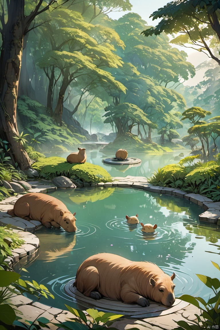 Hot springs with capybaras, Cozy atmosphere、Rising steam、Lush vegetation、Relaxing bath、Calm colors、Ripples on a calm water surface、Calm atmosphere tranquility、A faint mist in the air、A sense of harmony and serenity、A delightful encounter with nature、A relaxing experience、A moment of blissful escape, (masterpiece, best quality, perfect composition, very aesthetic, absurdres, ultra-detailed, intricate details, Professional, official art, Representative work:1.3)
