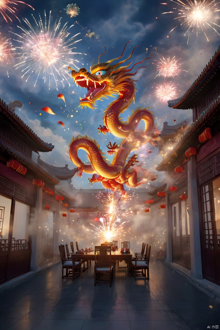happy Family, reunion dinner, chinese dragon flying outside the window on the sky, fireworks, chinese festive atmosphere, film light effect, (best quality, masterpiece, Representative work, official art, Professional, Ultra high detail, 8k:1.3)