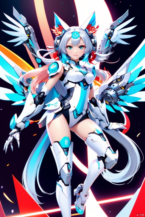 Chinese new year style, Soft Color palette, mecha girl, silver long hair, full-body pose, mechanical wings, cat_ears, dynamic angle, (panoramic, Ultra high saturation, bright and vivid colors), (best quality, masterpiece, Representative work, official art, Professional, 8k)