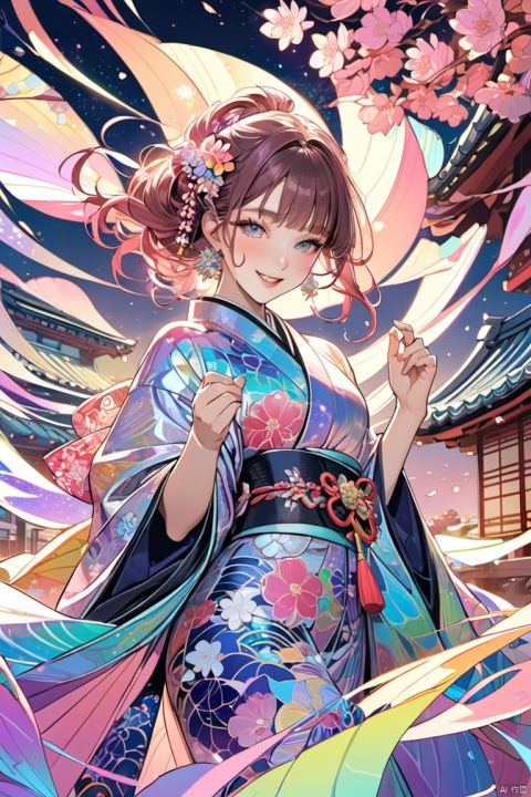cute girl smiling, excited look, pink messy hair, wind, wind-effect, sparkling light brown eyes, wearing chic Japanese kimono fashion, fantastic and mysterious, variety of visual styles that combine various artistic elements like a sparkling iridescent pastel and vivid colors (masterpiece, best quality, perfect composition, very aesthetic, absurdres, ultra-detailed, intricate details, Professional, official art, Representative work:1.3), Dream Homes