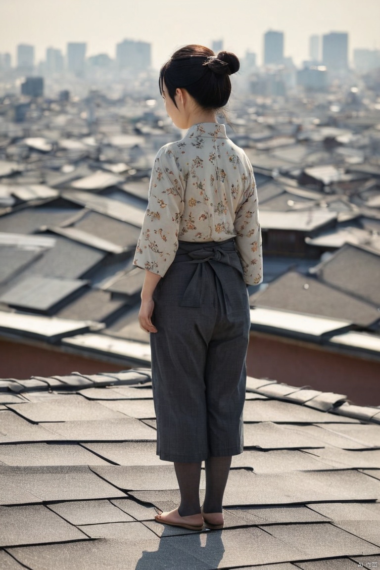 Person Standing on the Rooftop, by Yoshitomo Nara, (masterpiece, best quality, perfect composition, very aesthetic, absurdres, ultra-detailed, intricate details, Professional, official art, Representative work:1.3)