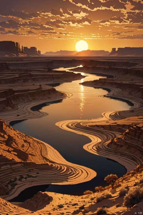 a vast desert expanse stretches far and wide, punctuated by a lone wispy cloud drifting across the sky. In the distance, a majestic river bends its course as the sun sets behind it, casting a warm golden glow on the tranquil scene, (masterpiece, best quality, perfect composition, very aesthetic, absurdres, ultra-detailed, intricate details, Professional, official art, Representative work:1.3)