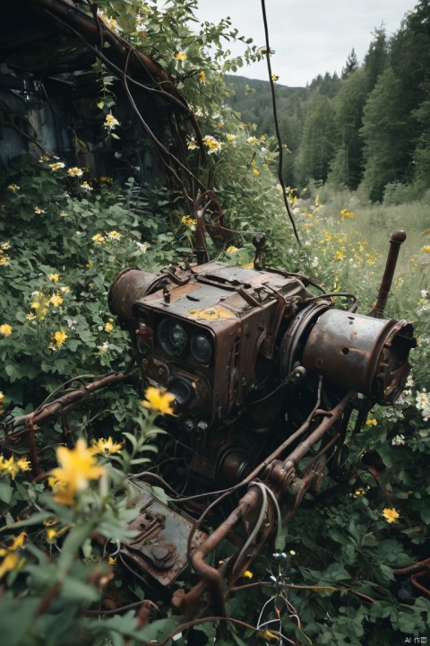soft_color_photograpy, Movie-like still images and dynamic angles, Cinematic photo of an abandoned mech cockpit, cinematic lens, overgrown vines, broken machines, rusted steel, edelweiss flowers, oil stain, electrical wire hanging, shimmer, visual experience, Realism, award-winning graphics, dark shot, film grain, extremely detailed, Digital Art, rtx, Unreal Engine, scene concept anti glare effect, All captured with sharp focus, (best quality, masterpiece, Representative work, official art, Professional, Ultra intricate detailed, 8k:1.3)