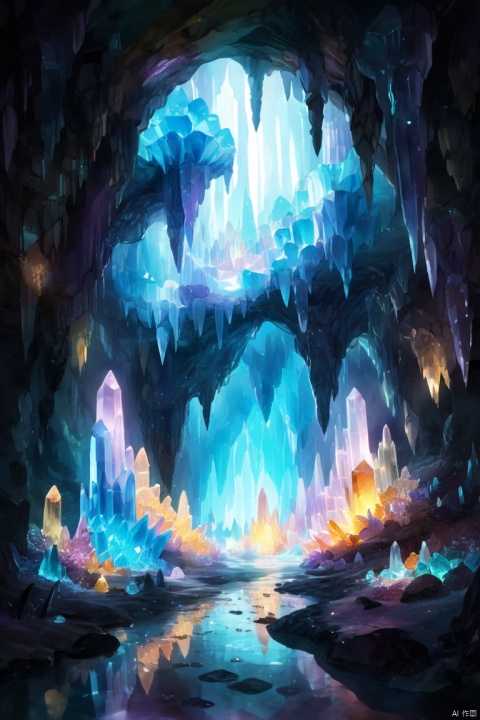 the Crystal Caverns,luminous crystals,sparkling gemstones,ethereal scenery,colorful lighting,Hidden treasure,dimly lit path,dizzying reflections,bright colors,Underground Miracles, Fascinating depth,Majestic stalactites and stalagmites,Charming atmosphere,otherworldly beauty, (best quality, masterpiece, Representative work, official art, Professional, 8k:1.3)