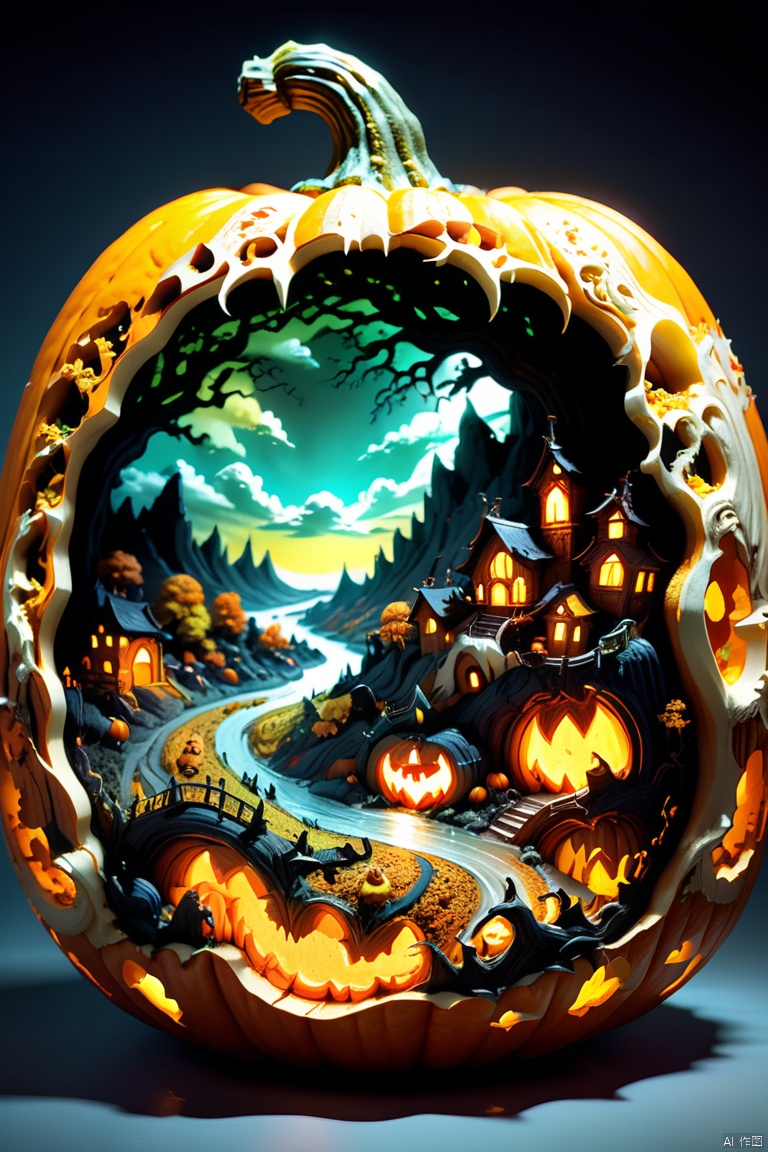 3D model carved Hellscape inside a Pumpkin, halloween background, carved by mark ploog, carved by Gustav, dore intricate elaborate, detailed fantasy, colorful lighting inside carved pumpkin, fall background, award-winning carved pumpkin, national geographic photograph, by Katsuhiro Otomo, octane render, (best quality, masterpiece, Representative work, official art, Professional, 8k:1.3)