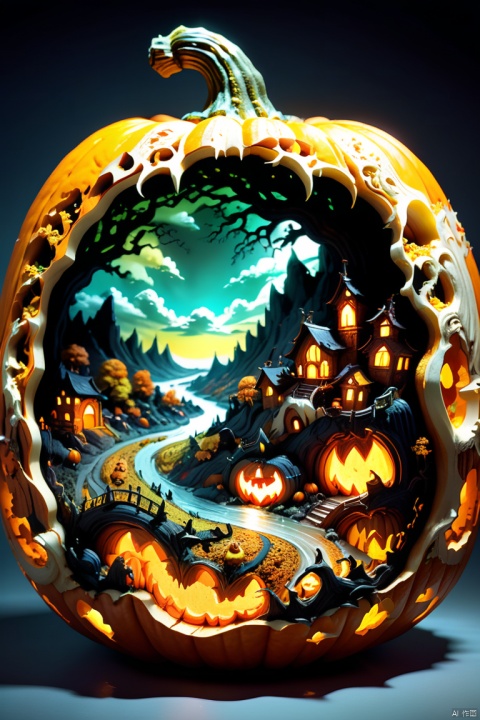 3D model carved Hellscape inside a Pumpkin, halloween background, carved by mark ploog, carved by Gustav, dore intricate elaborate, detailed fantasy, colorful lighting inside carved pumpkin, fall background, award-winning carved pumpkin, national geographic photograph, by Katsuhiro Otomo, octane render, (best quality, masterpiece, Representative work, official art, Professional, 8k:1.3)