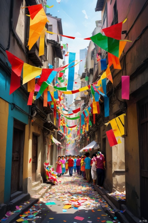 grand festival, and the streets and alleys are filled with laughter and joy. The parade procession passed through the streets and alleys of the city, colorful paper scraps drifted in their footsteps, putting the entire city in the festive attire. Colorful paper scraps fell from the sky, panoramic view, Ultra high saturation, (best quality, masterpiece, Representative work, official art, Professional, 8k)