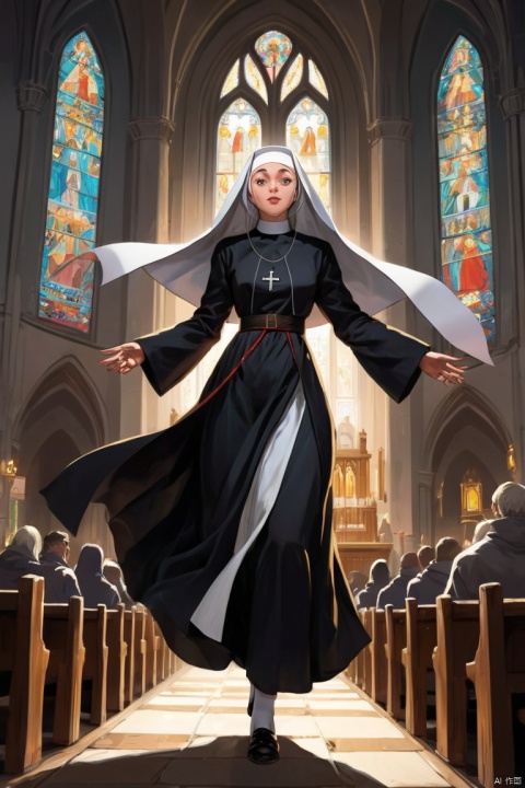 Nun, church, anime realistic, expressive eyes,detailed hair,wavy hair,flowing lines,shading techniques,dynamic poses,action scenes,background illustration,detailed costumes,fantasy world,magical elements,strong emotions,vibrant characters,light and shadow contrast,dramatic lighting,elegant composition,beautiful artistry,stylized characters,nostalgic atmosphere,brush strokes,contrast in values,precise linework,depth and perspective,comic book style,lively facial expressions,unique character designs,captivating storytelling, (masterpiece, best quality, perfect composition, very aesthetic, absurdres, ultra-detailed, intricate details, Professional, official art, Representative work:1.3)