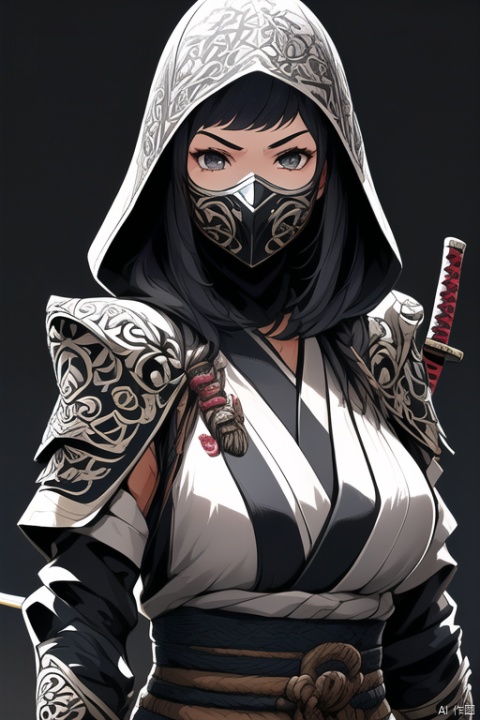 ninja, 1girl, solo, looking at viewer, gloves, black gloves, sword, hood, armor, mask, katana, shoulder armor, mouth mask, japanese armor, (masterpiece, best quality, perfect composition, very aesthetic, absurdres, ultra-detailed, intricate details, Professional, official art, Representative work:1.3)