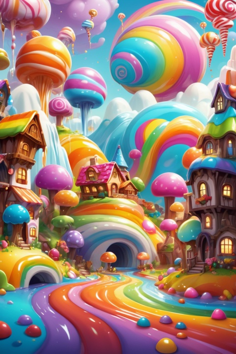 (candy theme Village:1.2), shiny, candyland, candy Fountains, candy, honey, cookie, chocolate bar, gradients, dripping, glaze, beads, bloom, sunshine bright light, (colorful explosion psychedelic paint colors), Fairy Tale, candy fairy tale, dreamy, Dreamscape, whimsical, hyperrealistic, children's picture book, fantasy art, concept art, surrealistic, Disney Style, kawaii art, chibi, Strategy Game, full background, enhance, intricate, (best quality, masterpiece, Representative work, official art, Professional, unity 8k wallpaper:1.3)