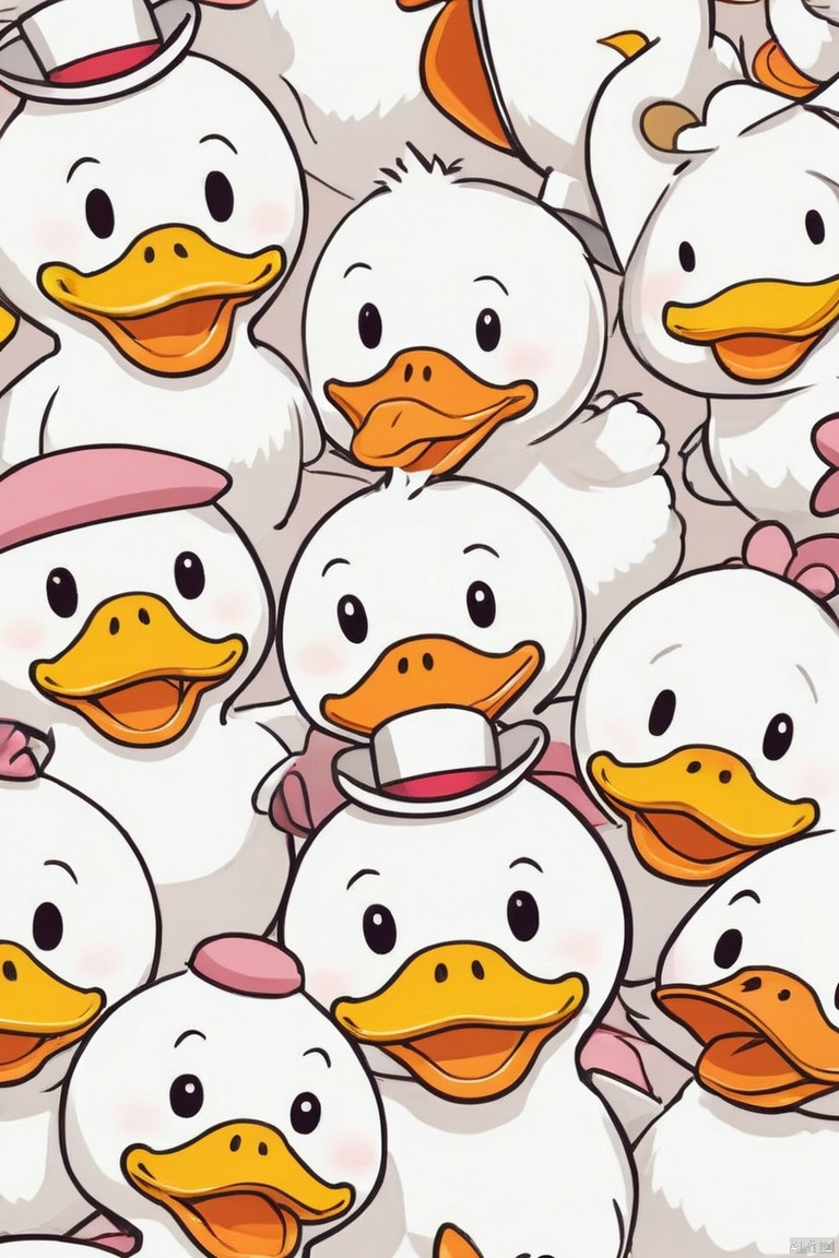  A cute and simple cartoon design featuring many duck characters each wearing different hats and with happy expressions on their faces, in the style of Sanrio's characters. The white background creates an atmosphere full of cuteness and joy. This artwork will be used as wallpaper for mobile phones. It should have bold outlines to emphasize its simplicity, (masterpiece, best quality, perfect composition, very aesthetic, absurdres, ultra-detailed, intricate details, Professional, official art, Representative work:1.3), Game CG style