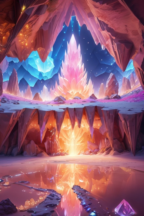 cave with crystal, krystal, crystal rock, crystal flower, crystal reflection, Rays, illumination, glowing particles, enhance, intricate, (best quality, masterpiece, Representative work, official art, Professional, unity 8k wallpaper:1.3)