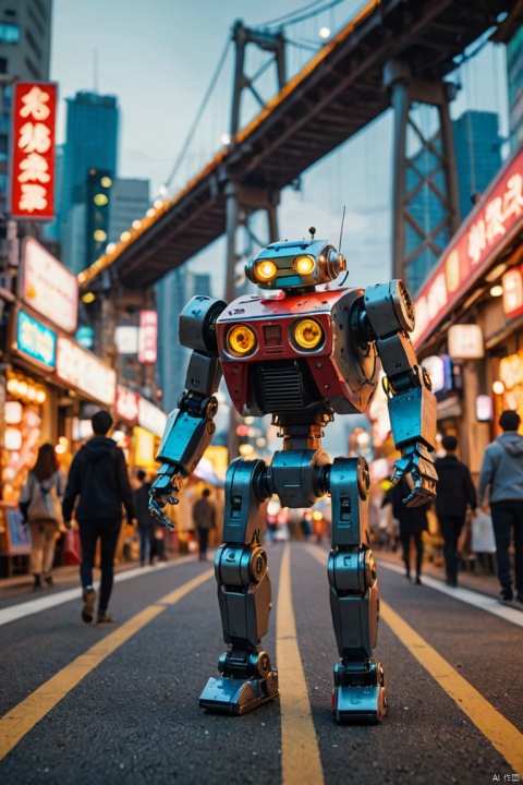 cinematic photo, Mechanical Puppet walking in japanese robot city, colorful, exploding bridge in background, depth of field, wide angle shot, cinematic photorealistic, uhd, natural lighting, raw, rich, key visual, atmospheric lighting, 35mm photograph, film, bokeh, (best quality, masterpiece, Representative work, official art, Professional, Ultra intricate detailed, 8k:1.3)