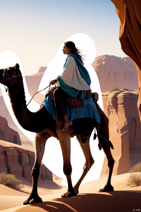 1girl, (riding a camel), (nomad:1.2) (stylish outfit), wrapped in blanket, large backpack desert canyon, (high cliff), oasis, enhance, intricate, (best quality, masterpiece, Representative work, official art, Professional, unity 8k wallpaper:1.3)