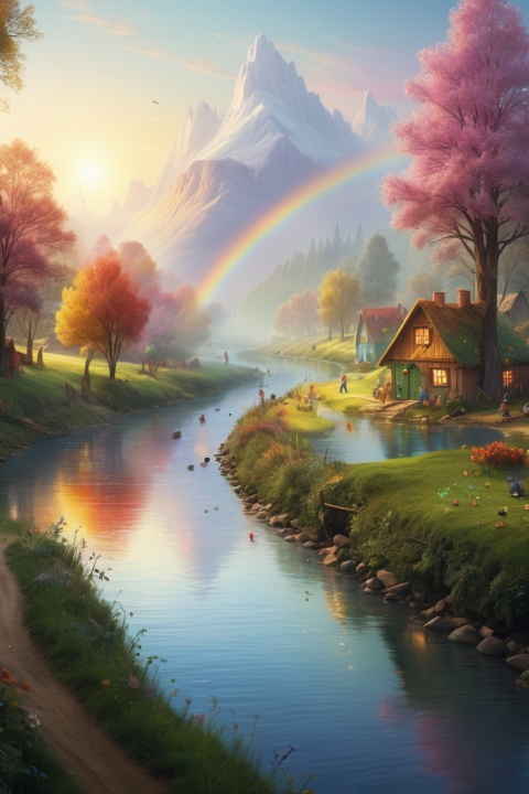 (Fairy Village:1.2), Richard Scarry, colorful river by Gabriel Dawe, intricate, (best quality, masterpiece, Representative work, official art, Professional, unity 8k wallpaper:1.3)