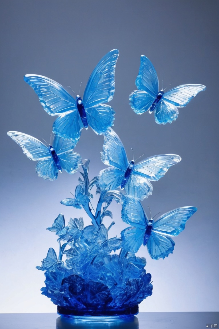 ice sculpture, many flapping butterflies made of ice, blue color, blue light, blue gradation, (masterpiece, best quality, perfect composition, very aesthetic, absurdres, ultra-detailed, intricate details, Professional, official art, Representative work:1.3)