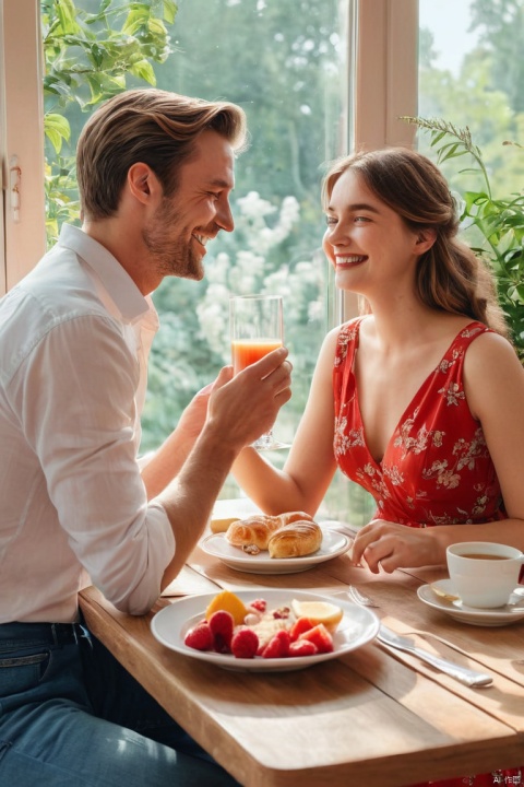 A warm and cozy digital drawing of a couple enjoying a romantic brunch together. happy mood, smile, The woman is wearing a stylish red dress, while the man is dressed in a crisp white shirt and jeans. They are seated at an intimate table set with elegant tableware, including a floral centerpiece. There's a delightful spread of fresh fruit, pastries, and coffee, creating a mood of love and contentment. The background depicts a soft, pastel-colored sky and lush greenery, enhancing the serene atmosphere, (masterpiece, best quality, perfect composition, very aesthetic, absurdres, ultra-detailed, intricate details, Professional, official art, Representative work:1.3)