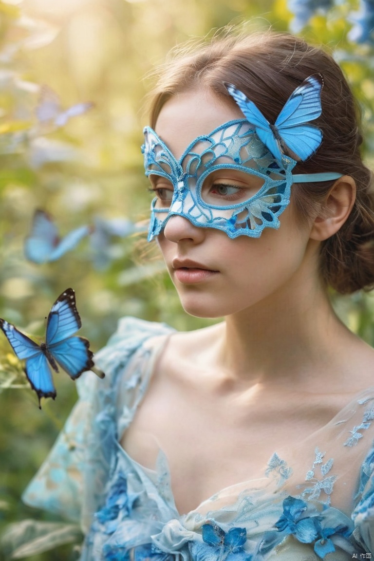 A woman wearing a blue butterfly mask,Portrait close-up,Pastel colors,Nature inspired background,Vibrant Garden,Soft sunlight,Beautiful dress,Subtle texture,Ethereal atmosphere,fantasy, (masterpiece, best quality, perfect composition, very aesthetic, absurdres, ultra-detailed, intricate details, Professional, official art, Representative work:1.3)