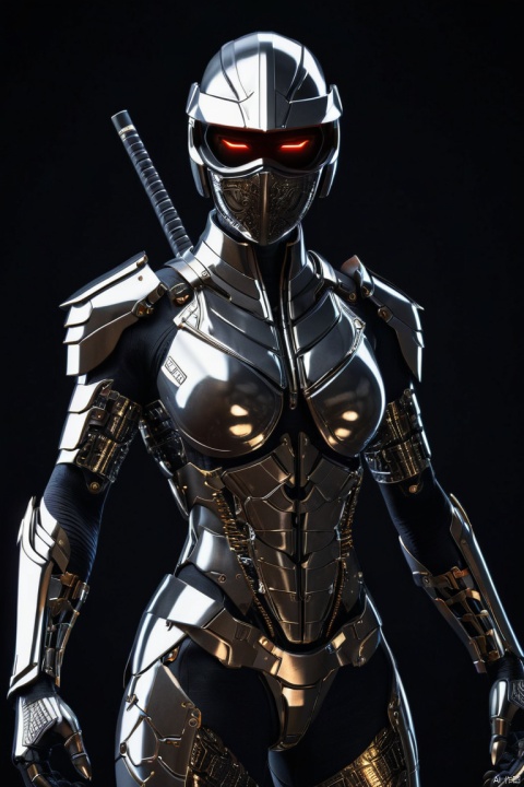 Symmetry, ,full body close-up of the ninja dressed in intricate cyberpunk streamlined platinum armor,ultra-high-definition movie poster,dark cosmopolitan background,strong contrast,realistic art style, (best quality, perfect masterpiece, byyue, Representative work, official art, Professional, high details, Ultra intricate detailed:1.3)