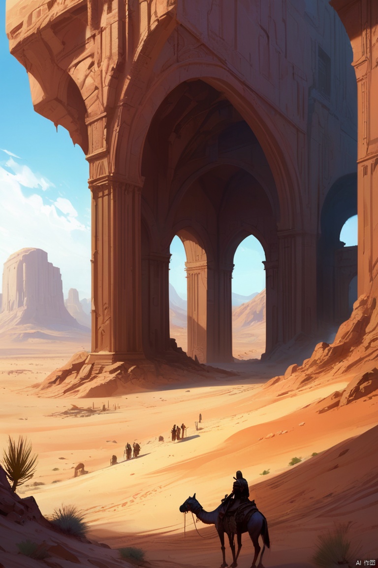 a painting of a desert scene,There is a building and a tree, background artwork, background art, andreas rocha style, Inspired by Marc Simonetti, A beautiful artistic illustration, Concept art illustration, giant arch, low detail. digital painting, Epic fantasy science fiction illustration, Depicted as game concept art, rossdraws global illumination, Concept art digital illustration, enhance, intricate, (best quality, masterpiece, Representative work, official art, Professional, unity 8k wallpaper:1.3)