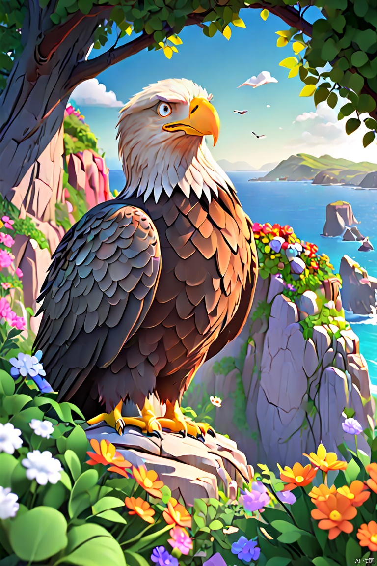 Pixar animation style, Cliffs by the sea,Cute bald eagle,(Sophisticated and beautiful nest:1.2),branches,green leaves,Colorful flowers and diverse plants, Made of marshmallow material, c4d, panoramic, Ultra high saturation, bright and vivid colors, intricate, (best quality, masterpiece, Representative work, official art, Professional, 8k)