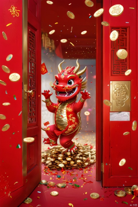 Chinese New Year, dragon cub, red clothes, gold coins, red envelopes, open door welcome, confetti, strong festive atmosphere, panoramic view, Ultra high saturation, (best quality, masterpiece, Representative work, official art, Professional, 8k)