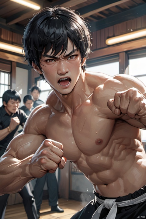 Dojo in background, a man, bruce lee, martial artist, upper body, chinese man, slim, muscular man, high detail skin, high detail eyes, high detail black hair, highres, ultra detailed, sharpen picture, Highly detailed, masterpiece, best quality, photorealistic, (punching, rushpunch, clenched hands, motion blur, open mouth, looking at viewer, fighting stance, clenched hand, solo), (masterpiece, best quality, perfect composition, very aesthetic, absurdres, ultra-detailed, intricate details, Professional, official art, Representative work:1.3)