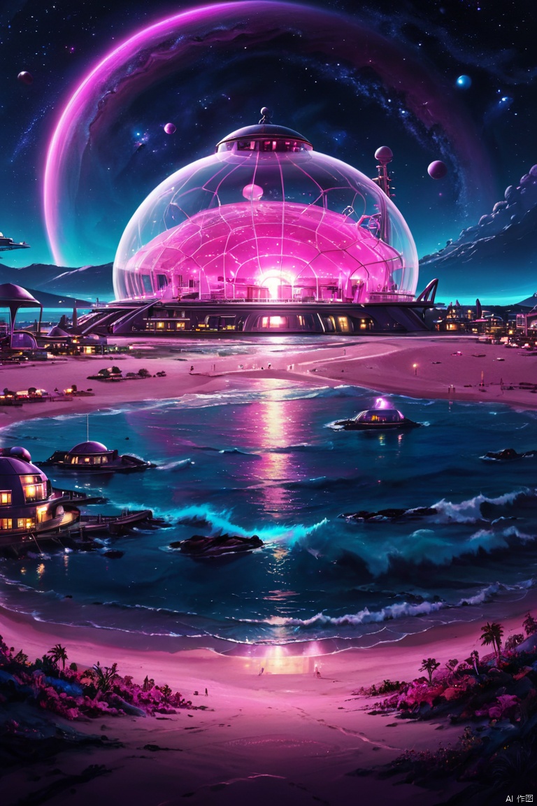 scene from a holiday romance on the shore of an alien pink ocean, in the background is an alien eco-friendly resort town under an energy dome, stars are visible in the dark sky behind the dome, panoramic view, Ultra high saturation, (best quality, masterpiece, Representative work, official art, Professional, 8k)