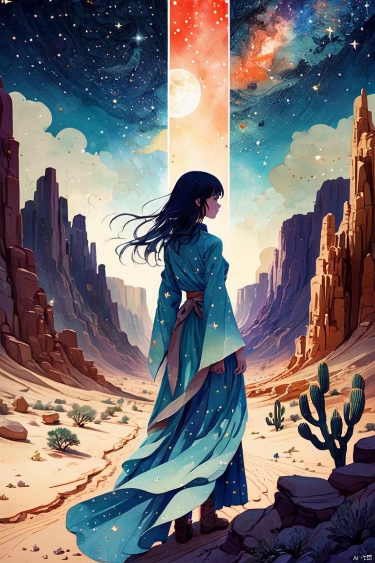 "a desert canyon made of stars on a starry night" double exposure collage art watercolor illustration, sharp contrast, fantasy, hdr, vibrant, surrealism, hyperdetailed, hypermaximalist illustration by Meg Chikhani, Victo Ngai, Rlon, Andreas Lie, Android Jones, by artist "anime", Anime Key Visual, Japanese Manga, Pixiv, Zerochan, Anime art, Fantia, enhance, intricate, (best quality, masterpiece, Representative work, official art, Professional, unity 8k wallpaper:1.3)