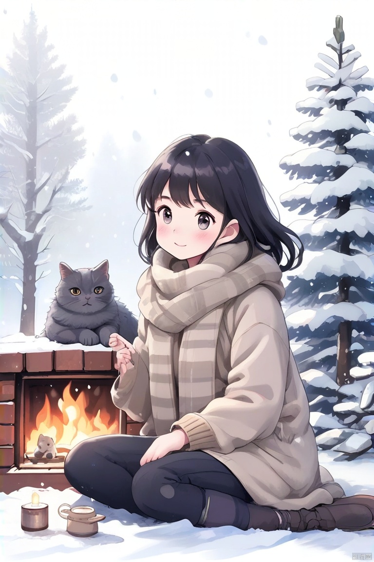 下雪的冬日,少女裹着厚重的围巾,怀中紧紧抱着一只灰色猫咪,一起坐在火炉旁,温馨与安宁