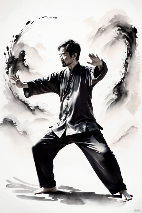 artwork,ink painting,Very detailed,real,Splash-ink Tai Chi illustration,black and white,Thick ink,soft light,,Tai Chi practice scene,tai chi stance,Smooth movements,a state of tranquility,Meaningful artistic details, panoramic, Ultra high saturation, (best quality, masterpiece, Representative work, official art, Professional, 8k)