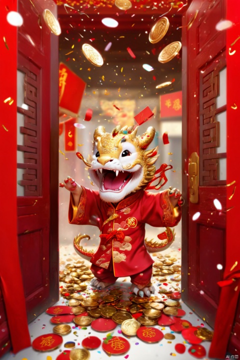 Chinese New Year, dragon cub, red clothes, gold coins, red envelopes, open door welcome, confetti, strong festive atmosphere, panoramic view, Ultra high saturation, (best quality, masterpiece, Representative work, official art, Professional, 8k)