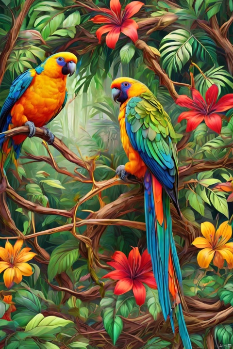 Sophisticated and beautiful nest,Rainforest,gold steel parrot,branches,green leaves,Colorful flowers and diverse plants, sharpie illustration, Bold lines and solid colors, panoramic, Ultra high saturation, bright and vivid colors, intricate, (best quality, masterpiece, Representative work, official art, Professional, 8k)