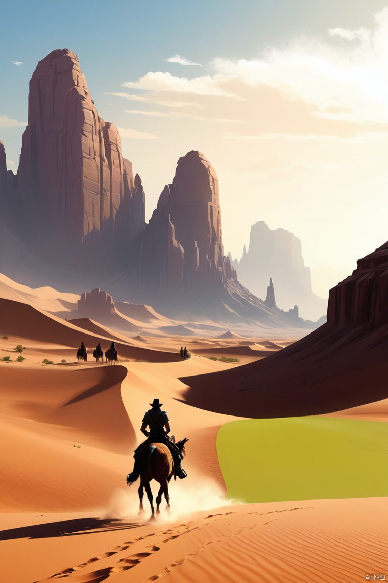 several people riding horses in the desert with mountains in the background, concept art inspired by Raphael Lacoste, Artstation contest winner, conceptual art, wandering the desert landscape, crossing the desert, illustration concept art, somewhere in sands of the desert, digital painting concept art, martin raphael lacoste, style of raphael lacoste, beautiful concept art, painterly concept art, enhance, intricate, (best quality, masterpiece, Representative work, official art, Professional, unity 8k wallpaper:1.3)