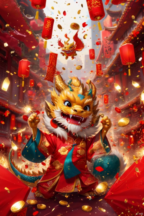 Chinese New Year, oriental dragon, cute dragon cub, big furry head, red clothes, Many gold coins burst out, Many red envelopes, gold confetti, red lanterns, firecrackers, strong festive atmosphere, New Year greeting, Chinese elements, panoramic view, Ultra high saturation, (best quality, masterpiece, Representative work, official art, Professional, 8k)