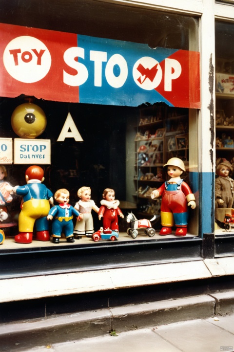Old photograph from the 1930s, published by the Museum of Historical Photography in 1930., (Toy store window), display case with toys in a toy store behind glass, sign with text "A TOY SHOP" at the display window, Zeiss Icon Power 520/2, film type 130, Tessar 4.5/105 mm, vintage photo paper, old shabby photograph, scuffs and scratches, the photo is ruined by time, HDR, UHD, (best quality, masterpiece, Representative work, official art, Professional, 8k wallpaper:1.3)