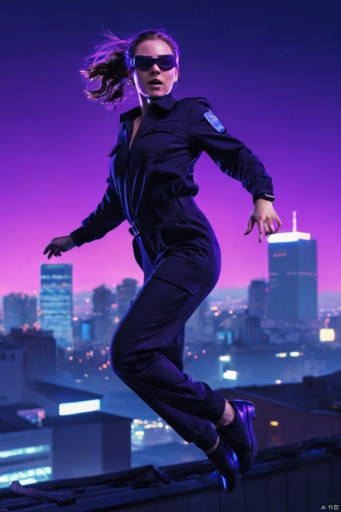 Digital art of a female spy dressed in black jumpsuit, jumping between rooftops at night, carrying briefcase with secret documents, low angle shot, city skyline background, neon purple and blue lighting, cyberpunk, concept art, (best quality, masterpiece, Representative work, official art, Professional, Ultra intricate detailed, 8k:1.3)