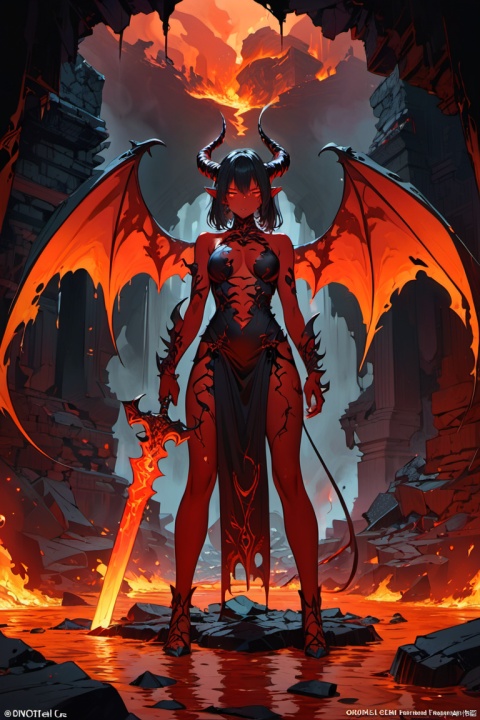female Lava Demon,dark fantasy setting,red eyes,fiery Devil Wings,sharp horns,red Lava skin,ominous atmosphere,smoke and fire swirling around,Holding the Flame Sword,casting shadows, intense heat,crumbling ruins,Standing on the melting lava river,gloomy lighting,red and orange color palette,steaming hotness,consuming darkness,otherworldly power, (masterpiece, best quality, perfect composition, very aesthetic, absurdres, ultra-detailed, intricate details, Professional, official art, Representative work:1.3)