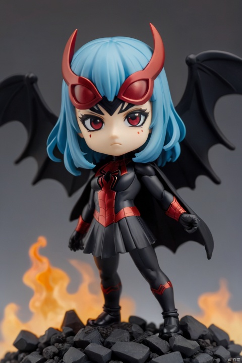 medium shot, nendoroid, spider-man, beard, blank stare, blue hair, drop earrings, body armor, leg warmers, broken horn, arched back, running, cafe, Floating black ashes, red moon, black Wings, burning, black dress, Black fog, Red eyes, black smoke, Black feathers floating in the air,bat, floating black cloud, (masterpiece, best quality, perfect composition, very aesthetic, absurdres, ultra-detailed, intricate details, Professional, official art, Representative work:1.3), Dream Homes