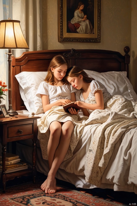 Mom telling her daughter bedtime stories by the bedside, (masterpiece, best quality, perfect composition, very aesthetic, absurdres, ultra-detailed, intricate details, Professional, official art, Representative work:1.3)