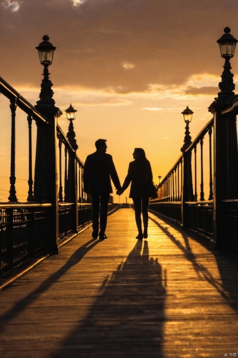 (Tyndall Effect:1.4), silhouette of couple on the bridge, (best quality, masterpiece, Representative work, official art, Professional, Ultra intricate detailed, 8k:1.3)